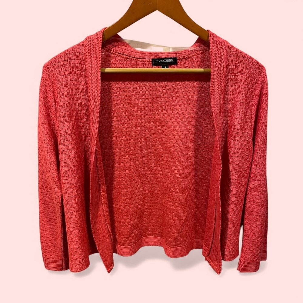 Cute vintage 90s coral pointelle open front lightweight crop cardigan sweater